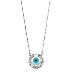 14K White Gold  CZ Evil Eye Necklace - 17+1"